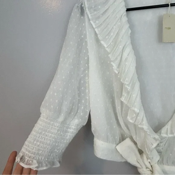 MWT Maje Plumeti Cropped White Wrap Ruffle V-neck Wrap Blouse Size 2 NEW - Picture 9 of 15